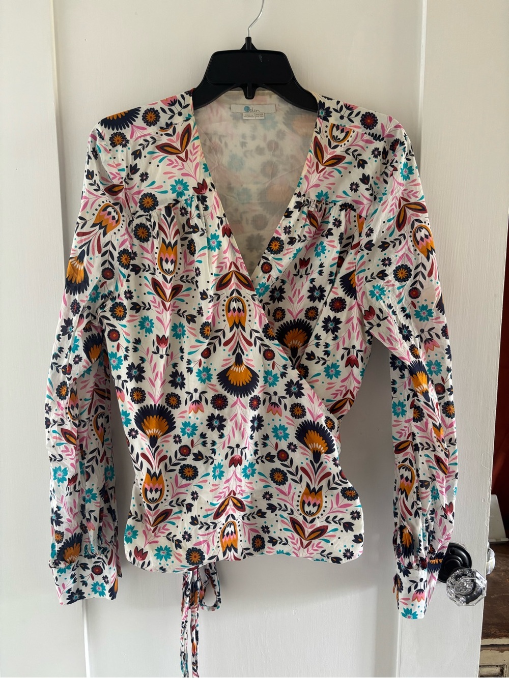 Boden Floral Wrap Blouse - White with Pink & Teal Print—Sz 16